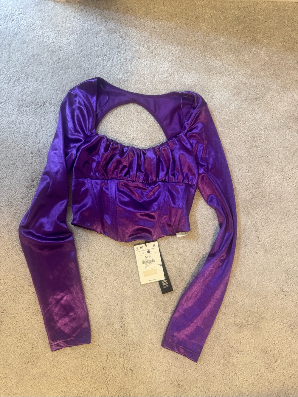 Bershka Shiny Purple Ruched Cutout Long-Sleeve Crop Top